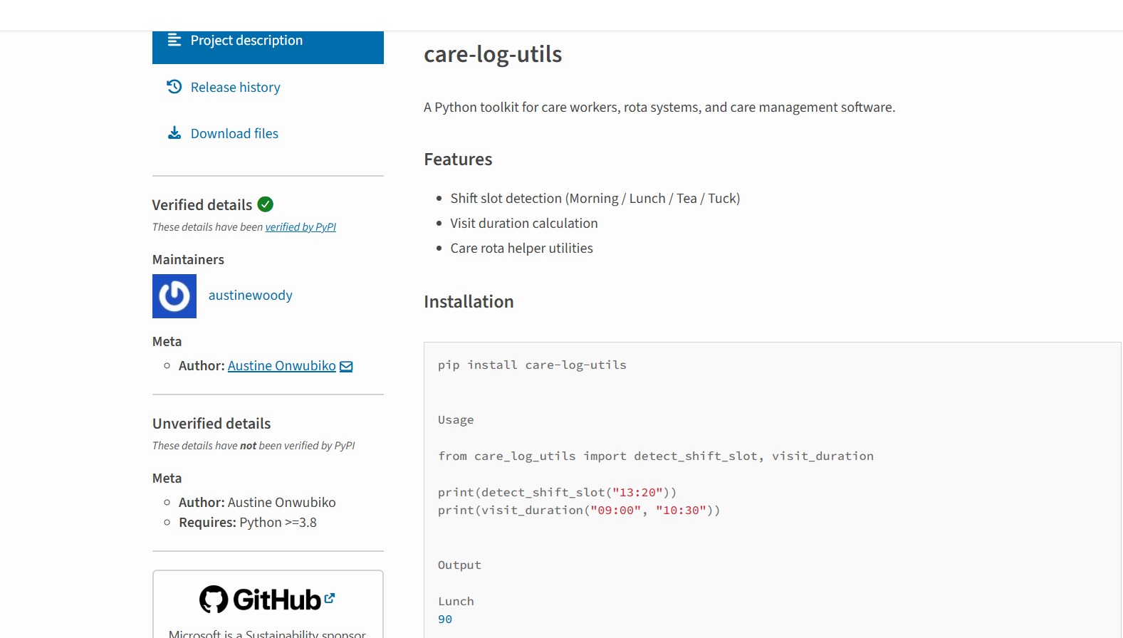 care-log-utils Python package showing installation and usage