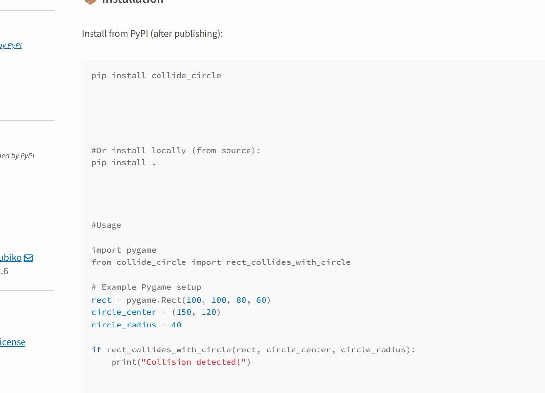 collide-circle Python package on PyPI showing installation and usage