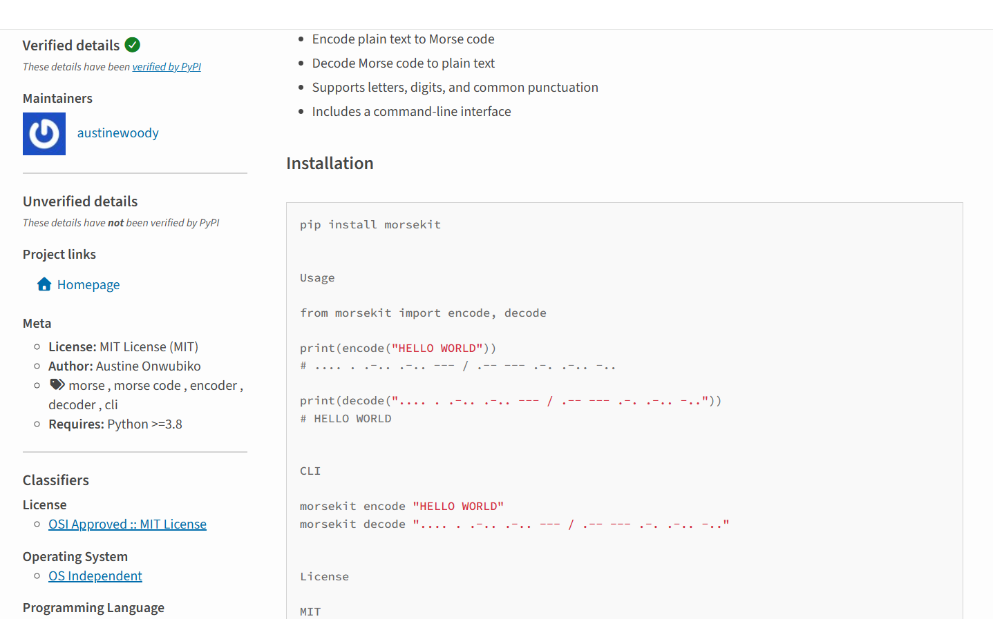 morsekit Python package showing installation and usage example