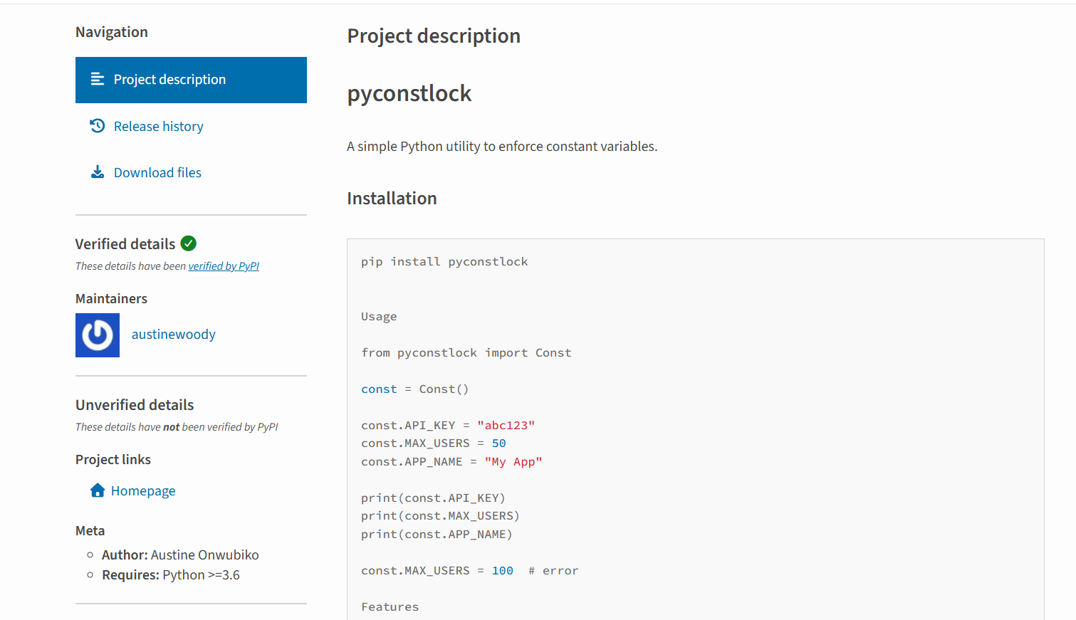 pyconstlock Python package showing installation and usage