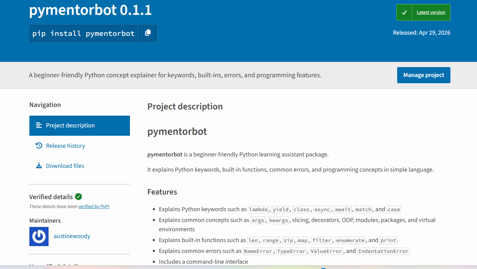 pymentorbot Python package showing CLI usage and PyPI page